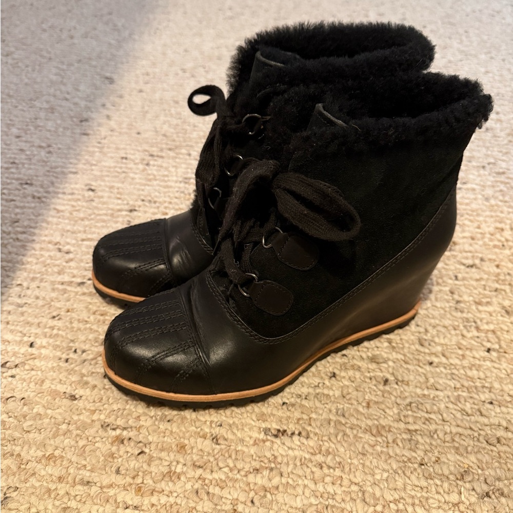UGG Black Wedge Boots with Tan Sole